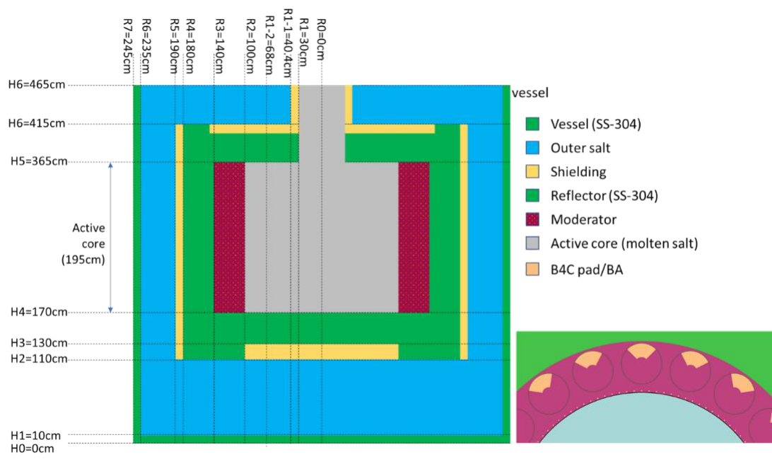 Axisymmetric core geometry of the PMFR used for coupled neutronics and thermal-hydraulic analysis.