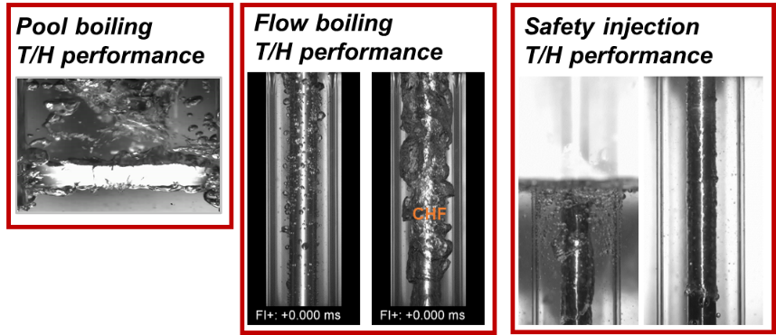 Visualization of pool boiling, flow boiling up to CHF, and safety injection experiments.