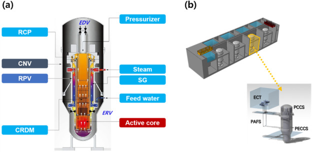 (a) i-SMR reactor module and (b) passive safety systems (PAFS, PECCS, PCCS) connected to the emergency cooling tank.